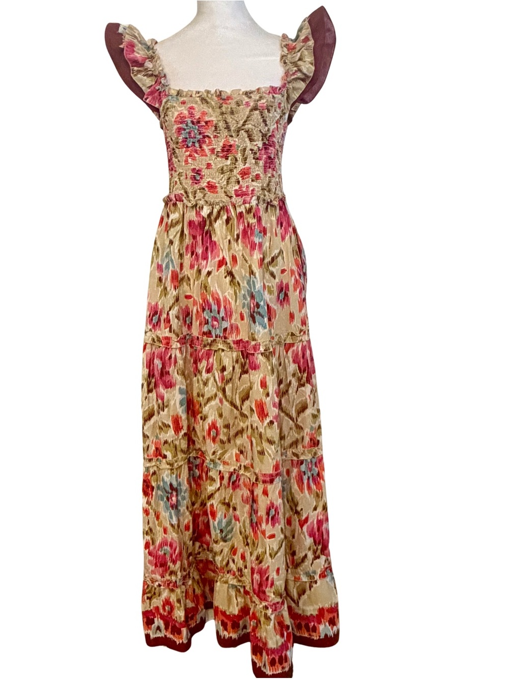 House of Harlow 1960 Floral Smocked Maxi Dress Ruffle Straps Tiered Boho Size M
